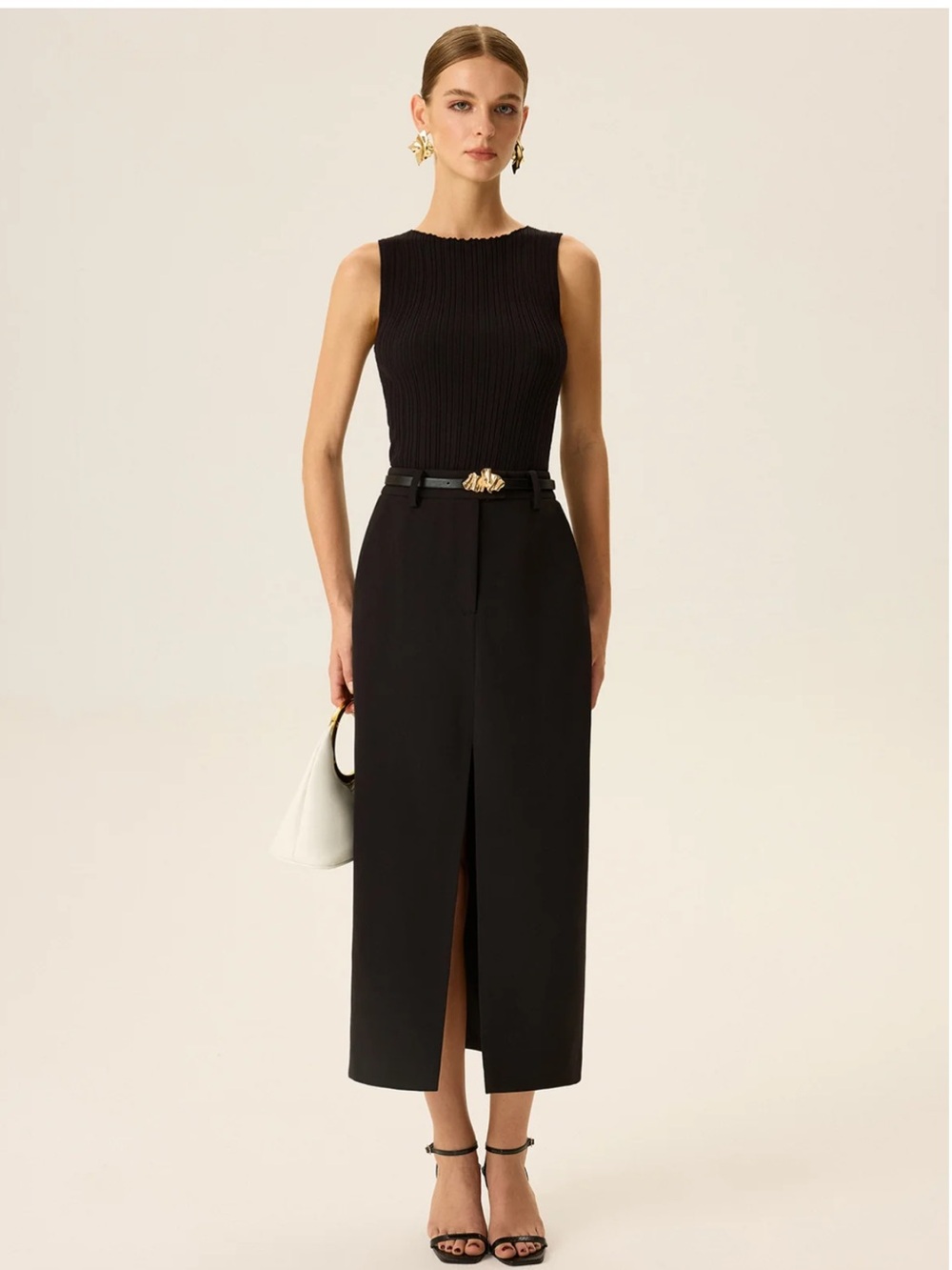 Commense Black Belted Slit Midi Skirt XS | Corpcore Tailored Skirt - Picture 3 of 7